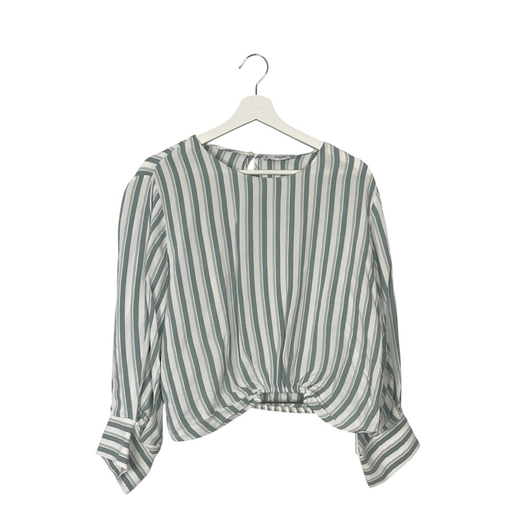 Mango Green and White Striped Cropped Blouse